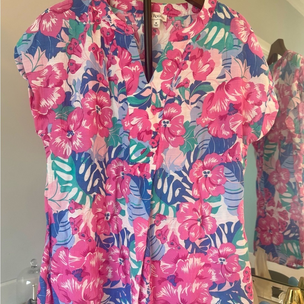 Kim Rogers Pink & Blue Floral V-Neck Short Sleeve Tunic USM